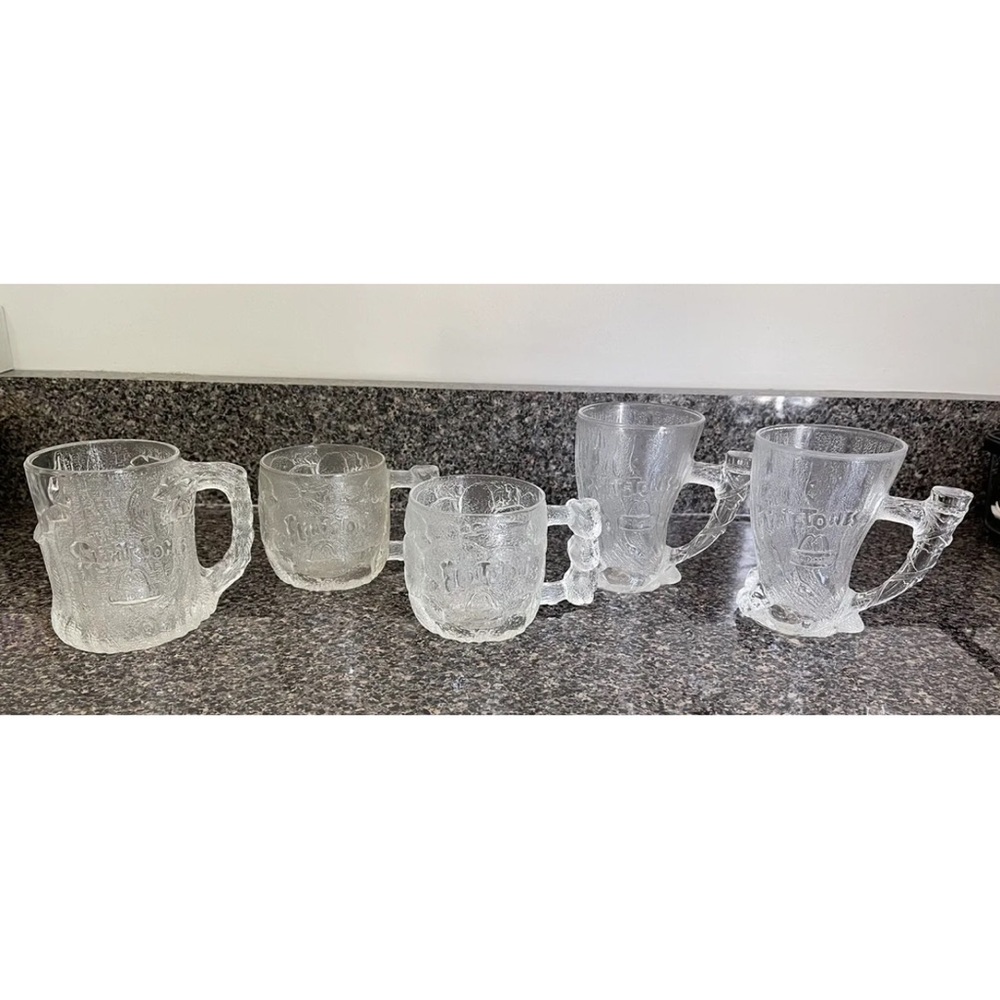 5 Vintage McDonald's Flintstones Bedrock 3D Glass Mugs ~ 1993 ~
